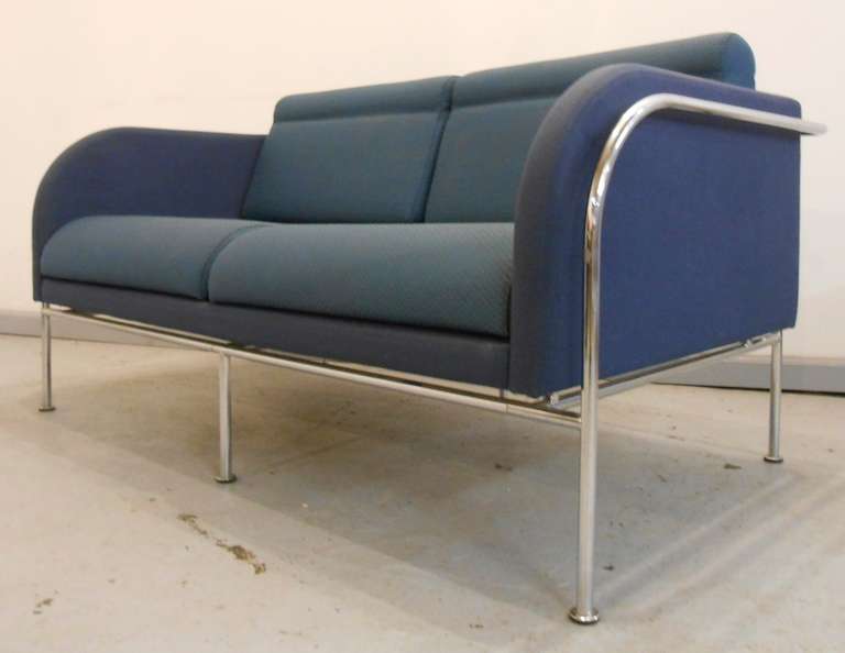 Stylish Scandinavian modern sofa in the style of Erik Jorgensen. Tubular steel frame with two tone fabric. Two available. Please confirm item location (NY or NJ) with dealer.