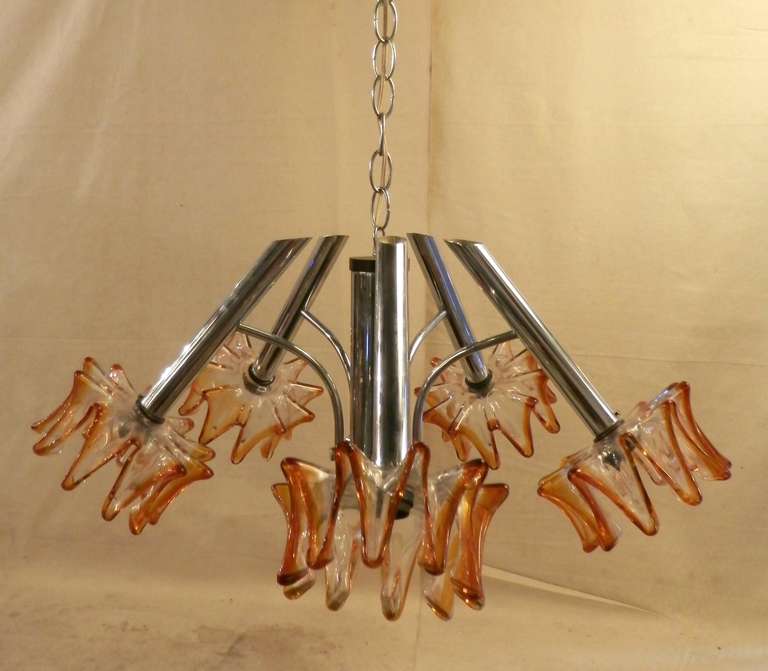 Mid-Century Modern Mid-Century Chrome Chandelier w/ Amber Blown Glass Shades By A. V. Mazzega