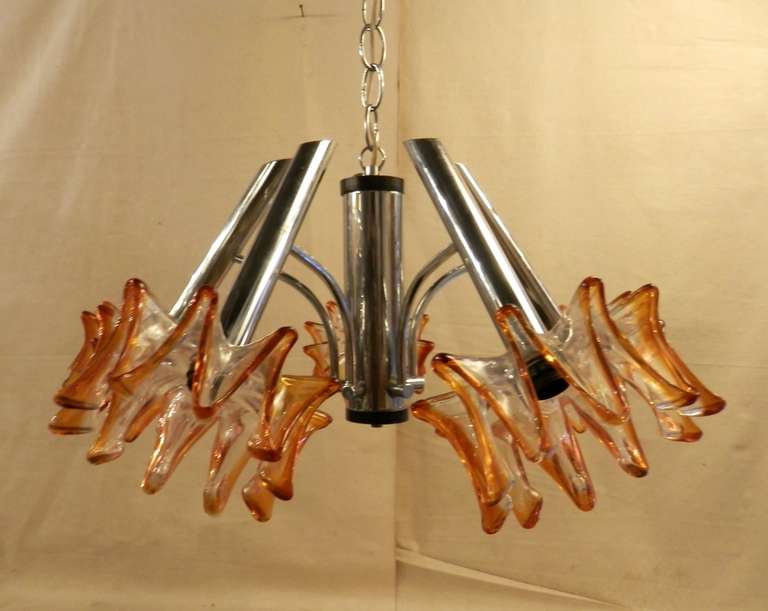 Mid-Century Chrome Chandelier w/ Amber Blown Glass Shades By A. V. Mazzega In Good Condition In Brooklyn, NY