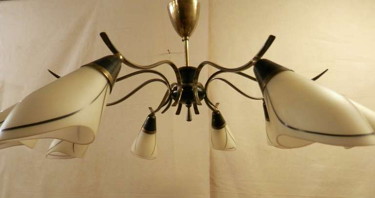 American Mid-Century Modern Chandelier of Brass and Frosted Glass