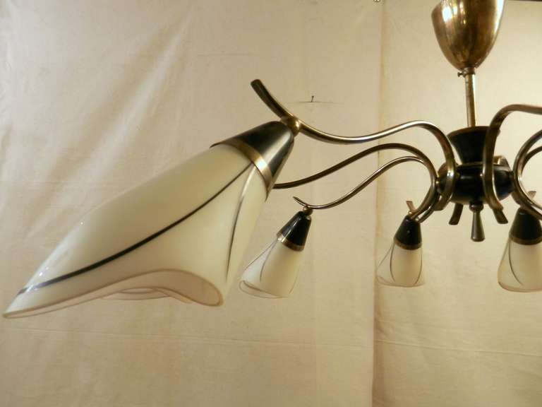 Mid-Century Modern Chandelier of Brass and Frosted Glass In Good Condition In Brooklyn, NY