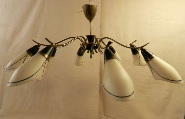 Mid-20th Century Mid-Century Modern Chandelier of Brass and Frosted Glass