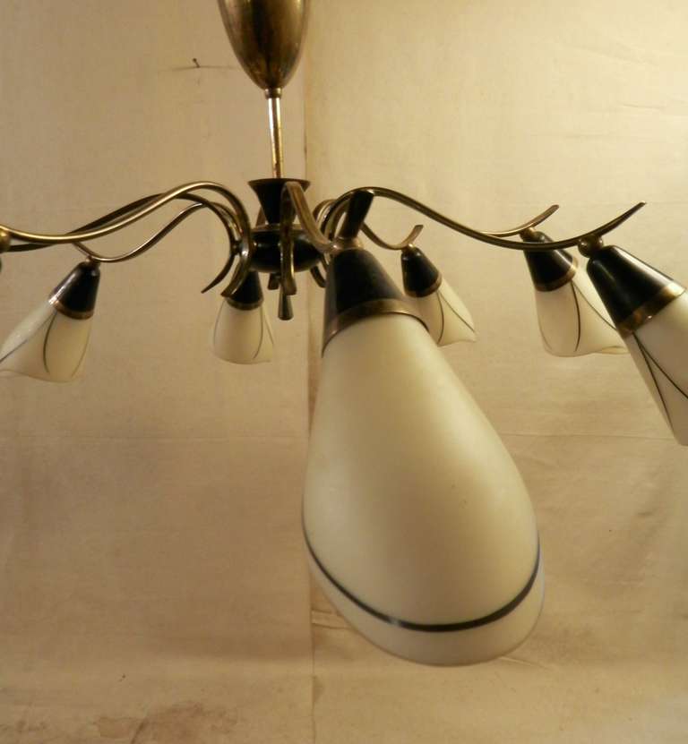 Mid-Century Modern Chandelier of Brass and Frosted Glass 1