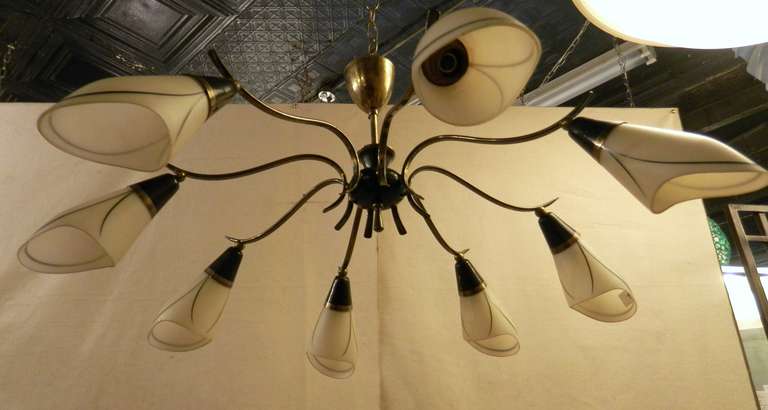 Mid-Century Modern Chandelier of Brass and Frosted Glass 2