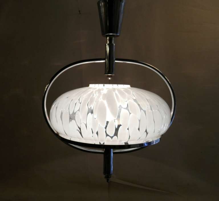 Mid-20th Century Pendant Chandelier of Chrome and Frosted Glass For Sale