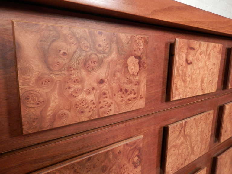 American Nine Drawer Dresser w/ Burl Wood Accents