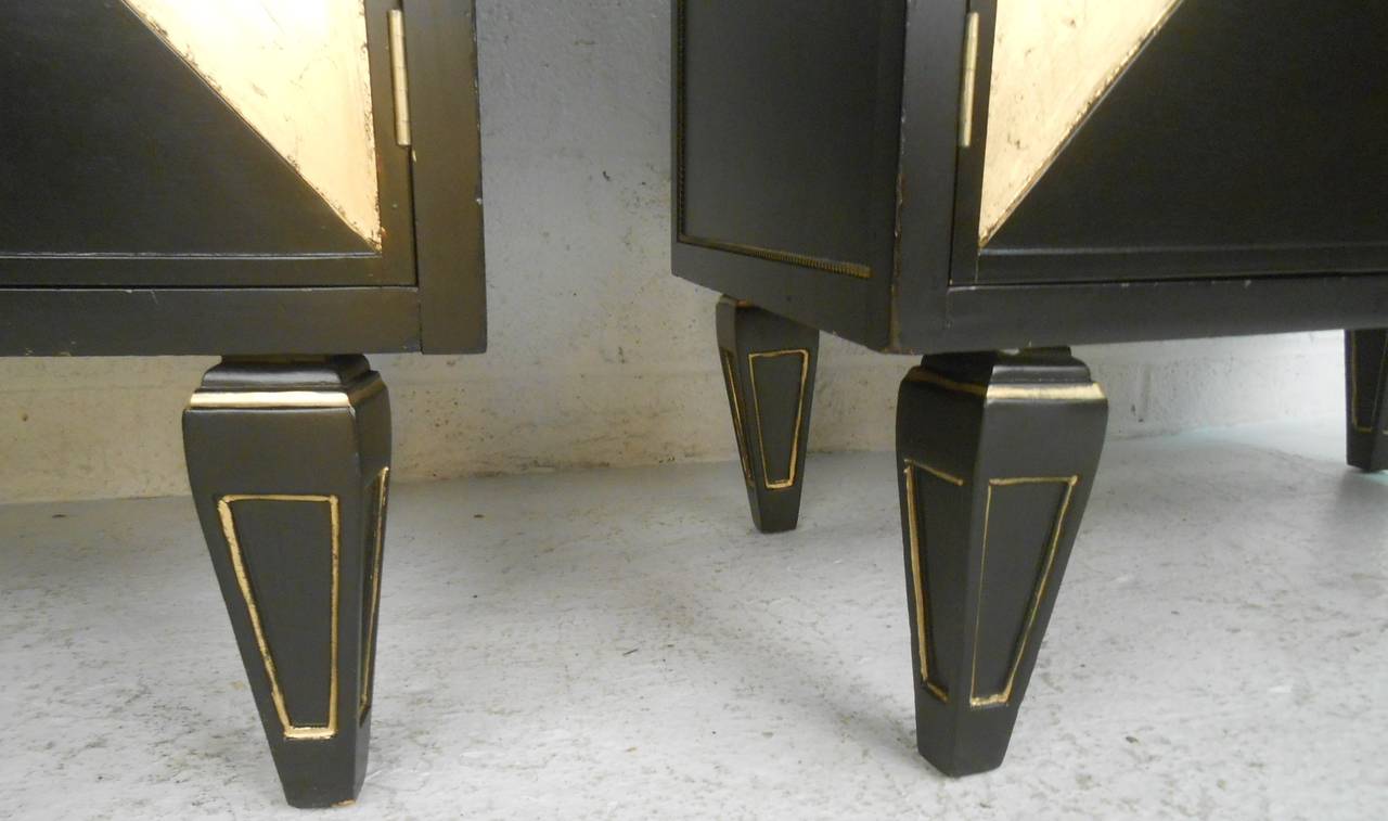 Two vintage-modern David R. Harrison end tables each featuring black lacquer finish with gold accenting and large interior storage cabinets with drawers.

(Please confirm item location - NY or NJ - with dealer)