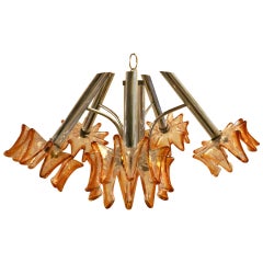 Mid-Century Chrome Chandelier w/ Amber Blown Glass Shades By A. V. Mazzega