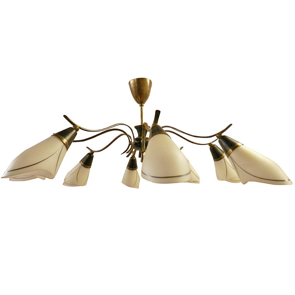 Mid-Century Modern Chandelier of Brass and Frosted Glass