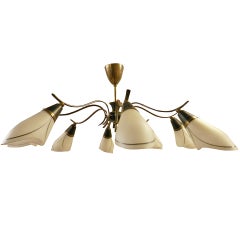 Mid-Century Modern Chandelier of Brass and Frosted Glass