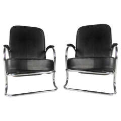 Pair of Mid Century Modern Chrome and Vinyl Low Lounge Chairs