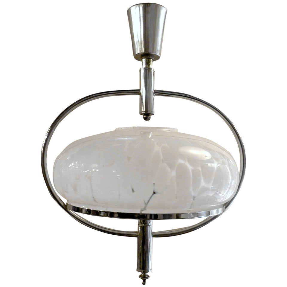 Pendant Chandelier of Chrome and Frosted Glass For Sale