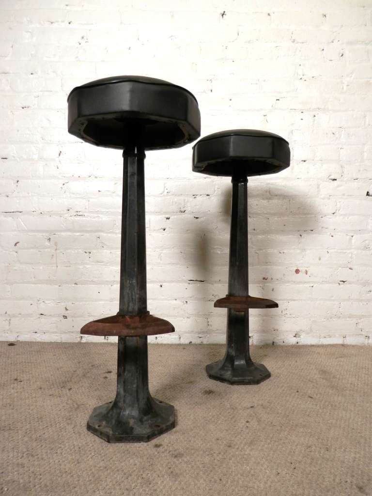 Vintage iron base stools with metal foot rest and vinyl swivel seats. Metal needs a fresh coat of paint to bring these back to life.

(Please confirm item location - NY or NJ - with dealer)