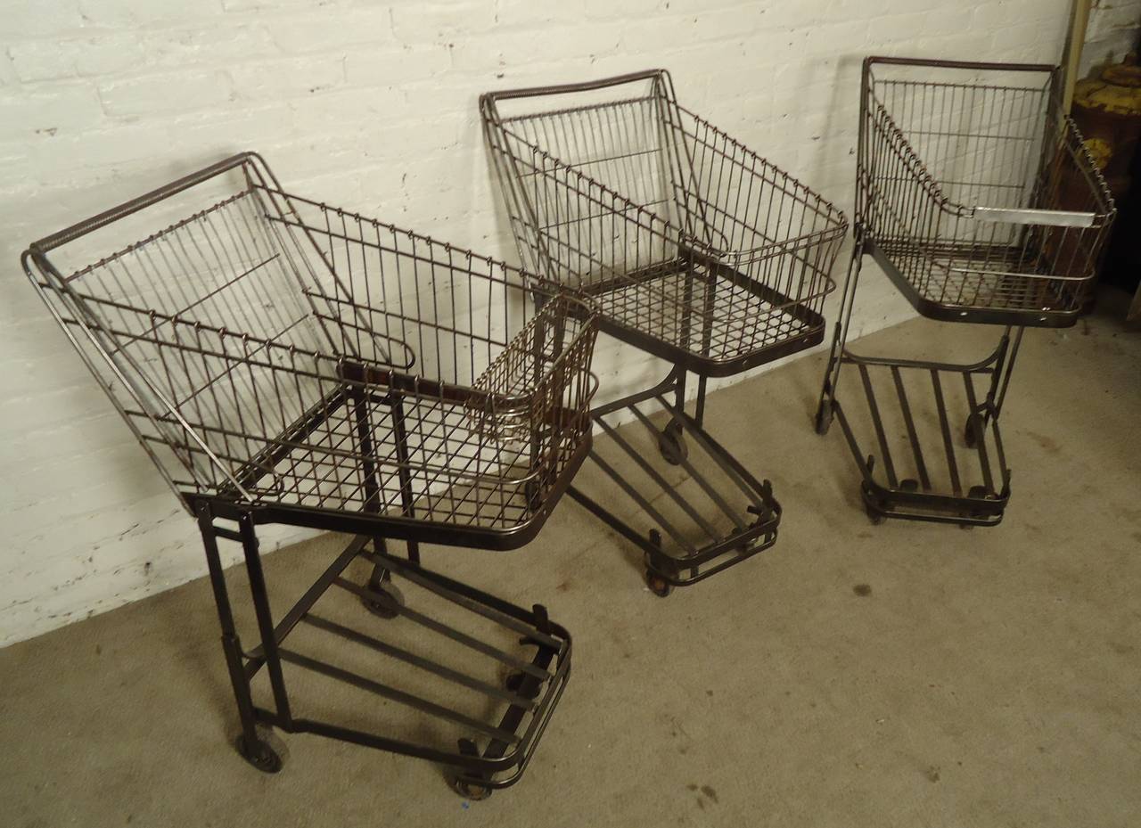 Miniature vintage carts refinished in a bare metal finish. Great as a unique bar cart or storage unit.
Three available.

(Please confirm item location - NY or NJ - with dealer)