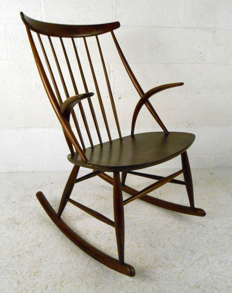 Stylish, sculptural rocking chair designed by Illum Wikkelso and made by Niels Eilersen. Please confirm item location (NY or NJ) with dealer.