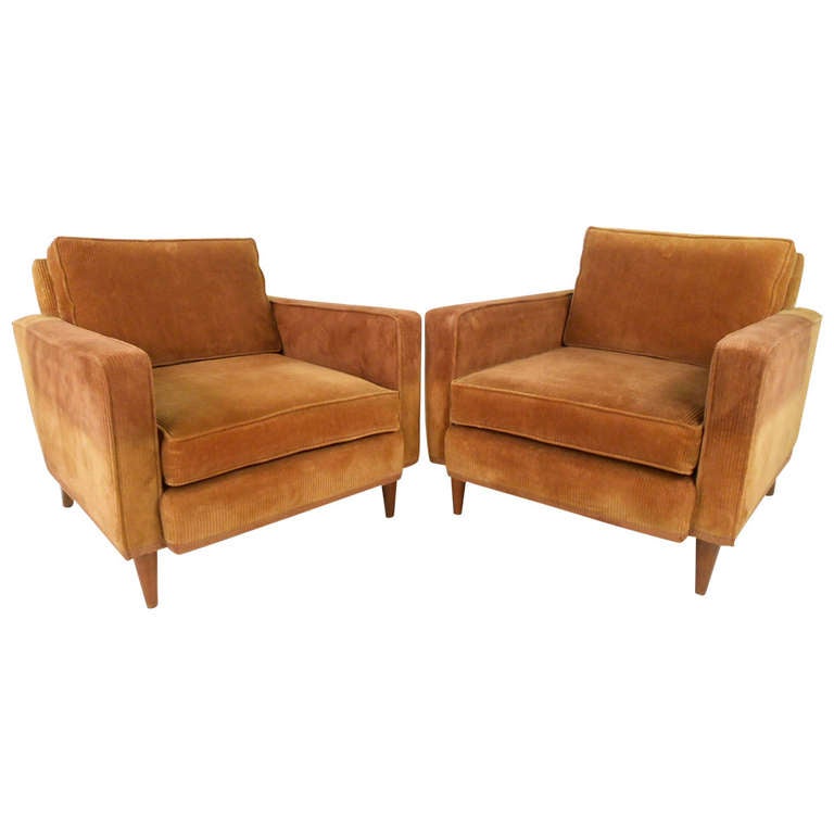 Unique Pair of Paul McCobb Style Corduroy Lounge Chairs