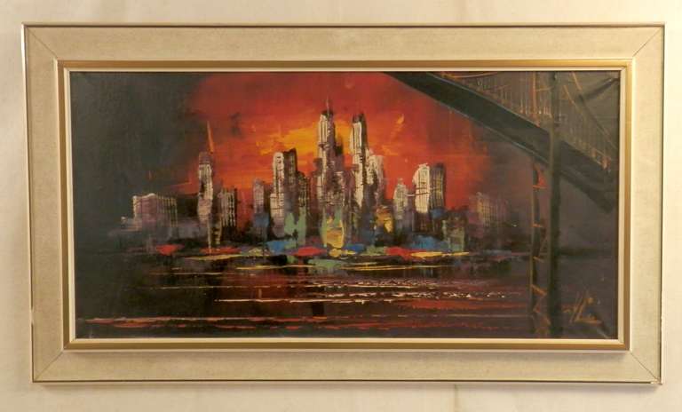 Brilliant cityscape oil painting depicting a warm, luminous skyline. A great vintage piece of art for home or office. Artist signature in corner.

(Please confirm item location - NY or NJ - with dealer).