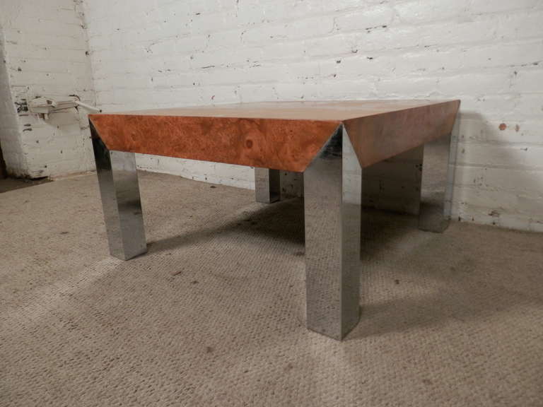 Mid-Century Modern Milo Baughman Style Mid-Century Table w/ Exquisite Burl Wood Top