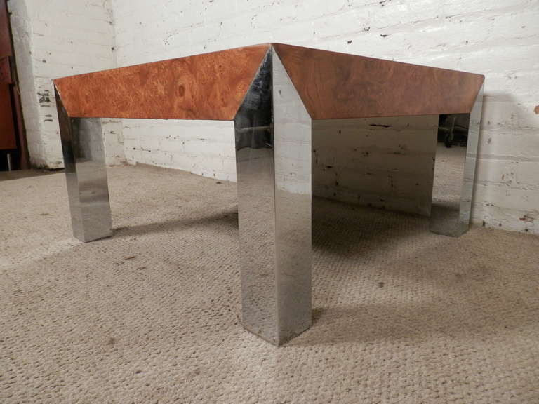 Mid-20th Century Milo Baughman Style Mid-Century Table w/ Exquisite Burl Wood Top