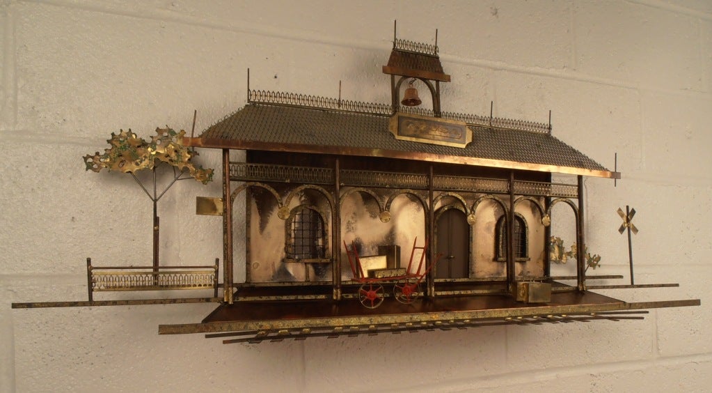 Signed Curtis Jere wall sculpture executed by Artisan House features hammered metal sculpture of a train station. Please confirm item location (NY or NJ).