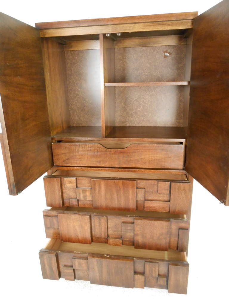 Tall dresser with storage above and three drawers below in the style of Paul Evans. Please confirm item location (NY or NJ) with dealer.