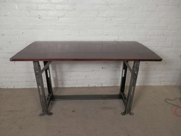 American Industrial Metal Work Table with Refinished Top