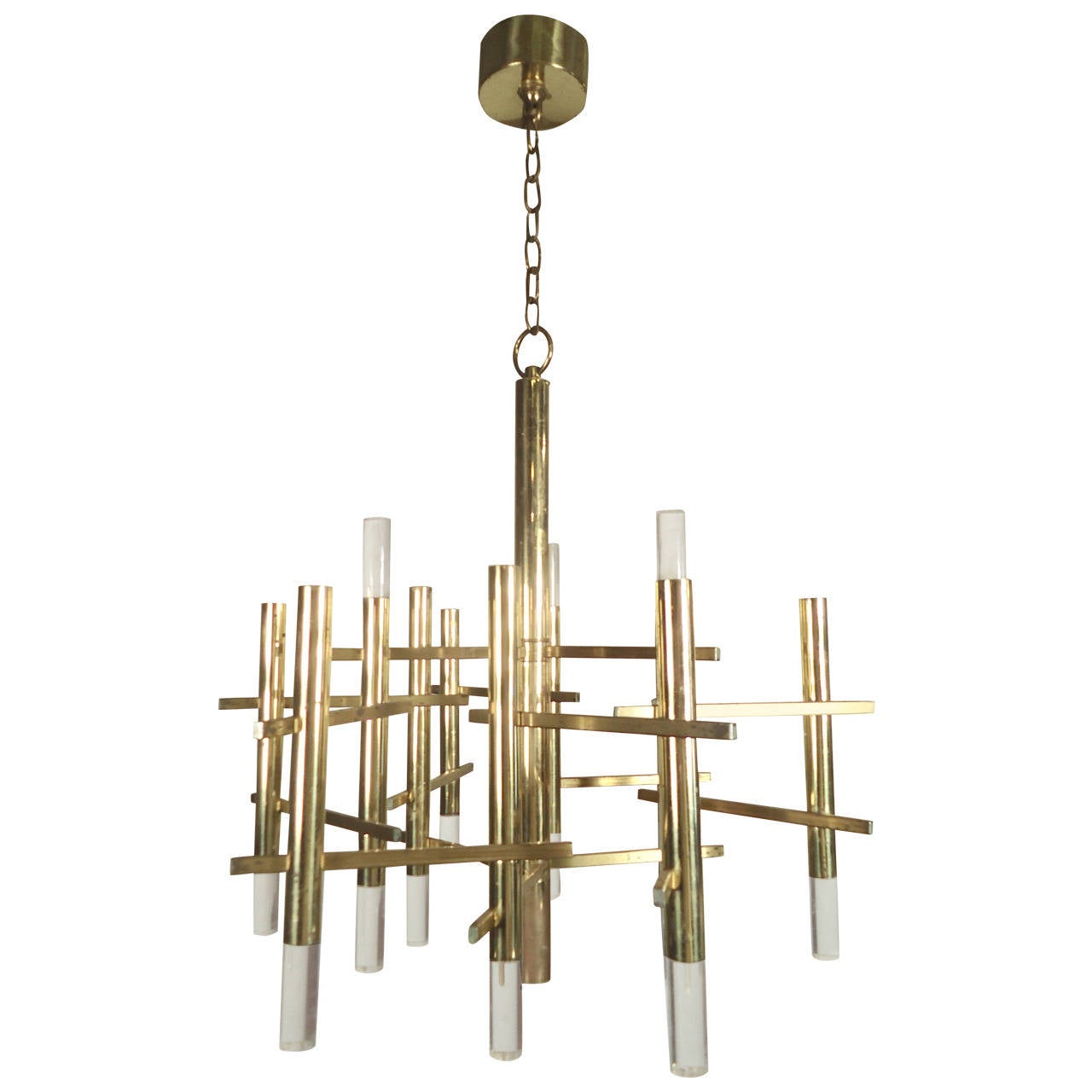 Beautiful MidCentury Brass and Lucite Chandelier by Gaetano Sciolari
