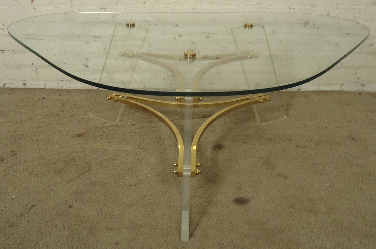 American Mid-Century Lucite and Brass Base Coffee Table by Charles Hollis Jones For Sale
