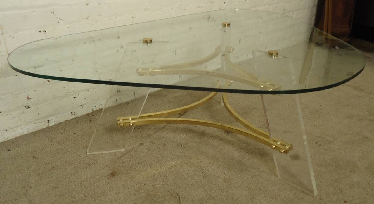 Mid-Century Modern Mid-Century Lucite and Brass Base Coffee Table by Charles Hollis Jones For Sale