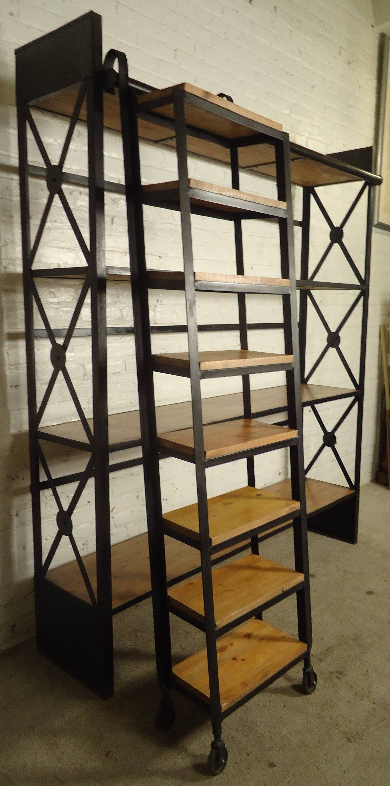 American Industrial Wood and Iron Shelving Unit with Sliding Ladder