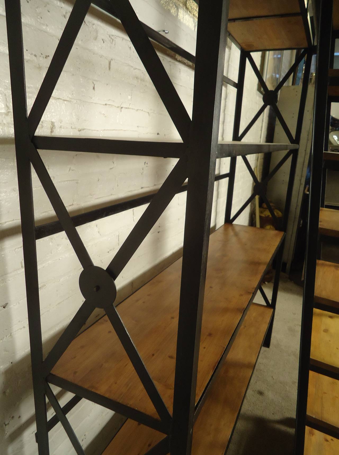 Industrial Wood and Iron Shelving Unit with Sliding Ladder 1