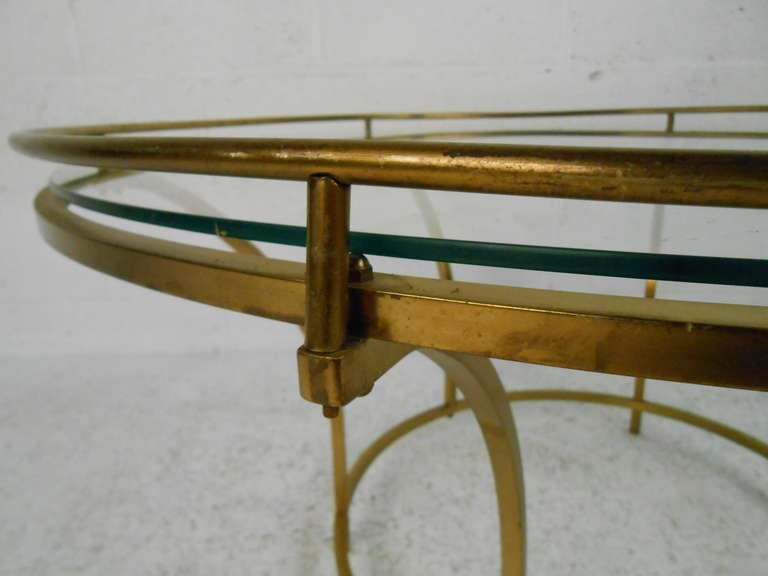 American Mid-Century Round Brass Frame Coffee Table For Sale