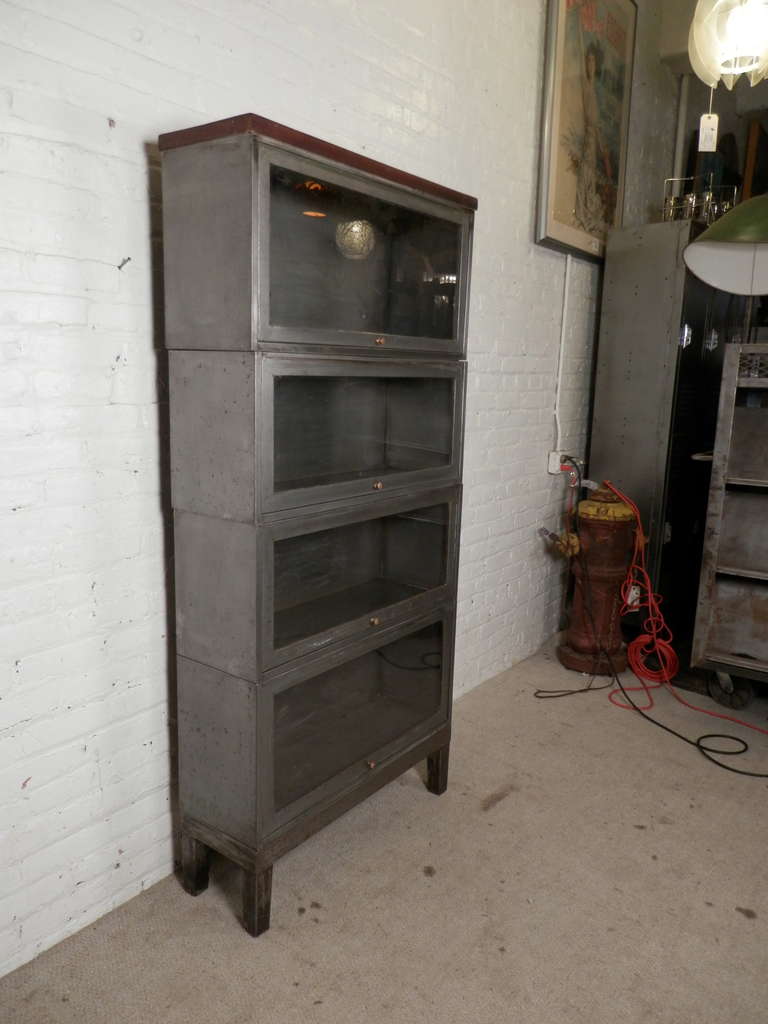 Industrial Four Stack Mid-Century Barrister with Wood Trim Top