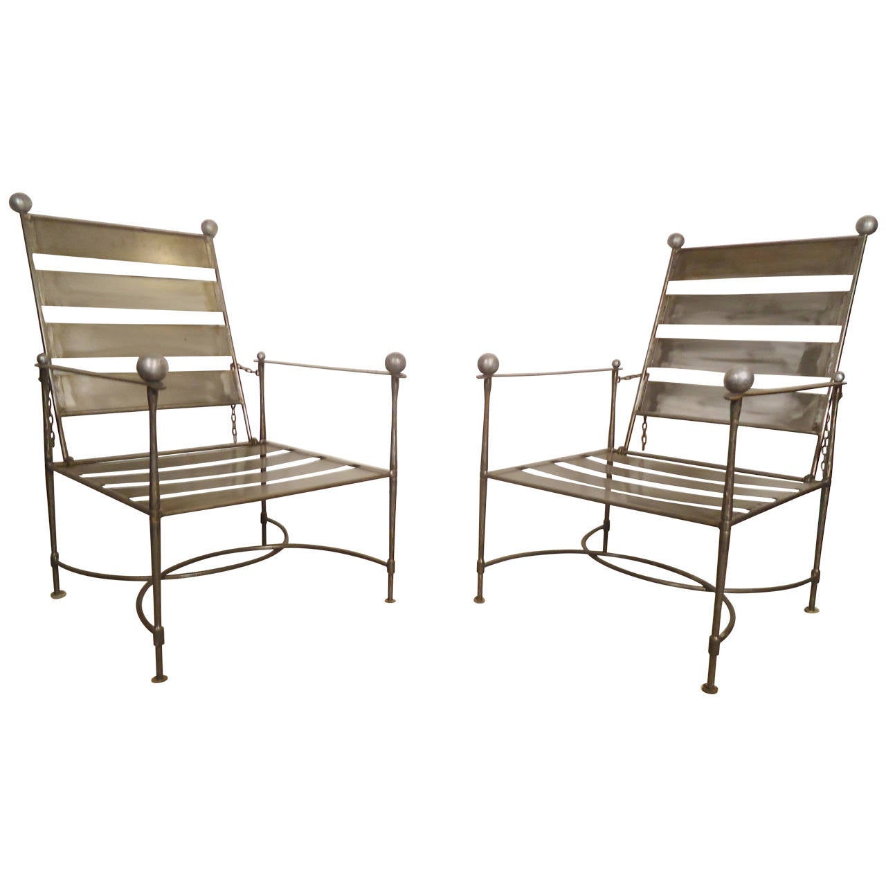 Unusual Pair of Industrial Slatted Folding Metal Armchairs For Sale at