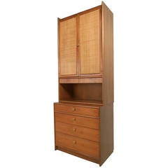 Vintage Mid-Century Modern Cane Front Storage Cabinet with Hutch