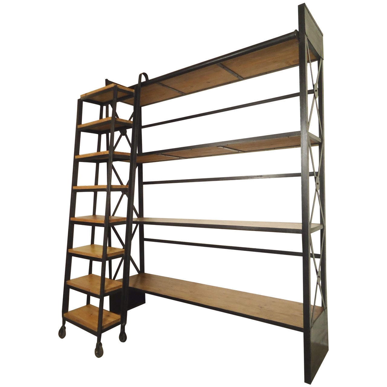 Industrial Wood and Iron Shelving Unit with Sliding Ladder