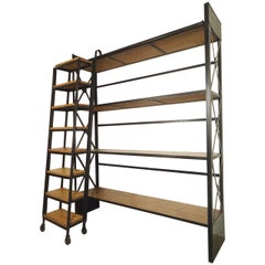 Industrial Wood and Iron Shelving Unit with Sliding Ladder