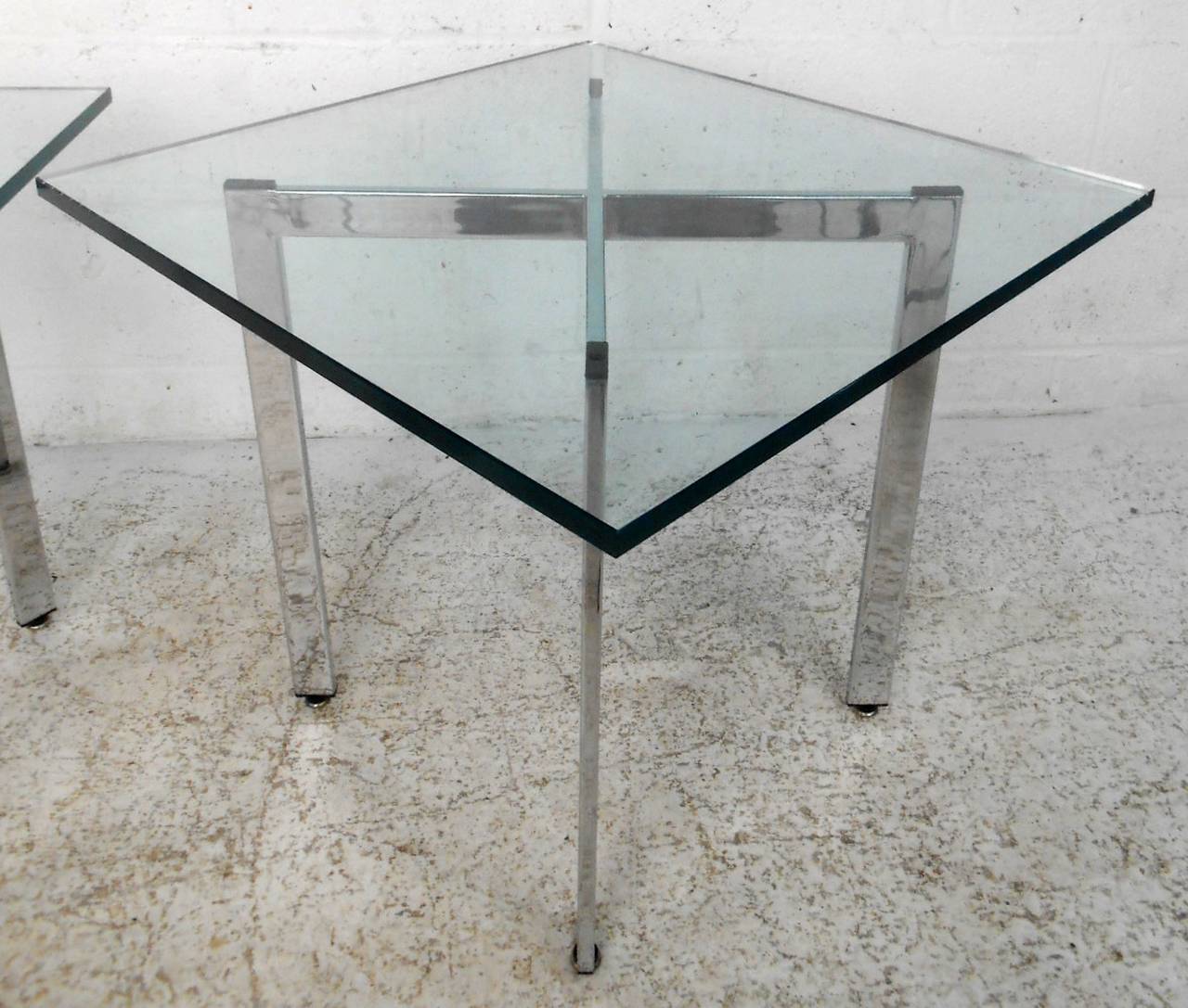 American Pair of Mid-Century Milo Baughman Style Chrome and Glass Side Tables