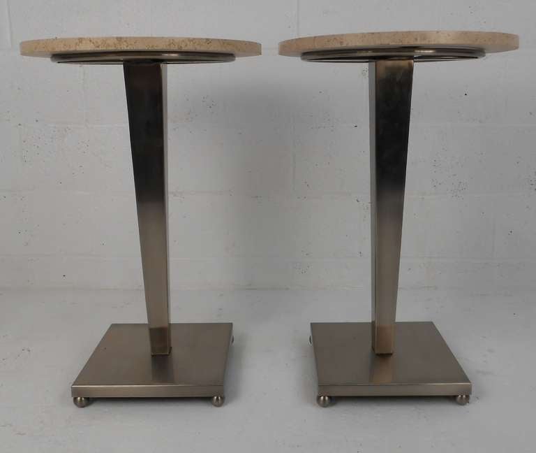 Mid-Century Modern Stainless and Travertine Pedestal Tables