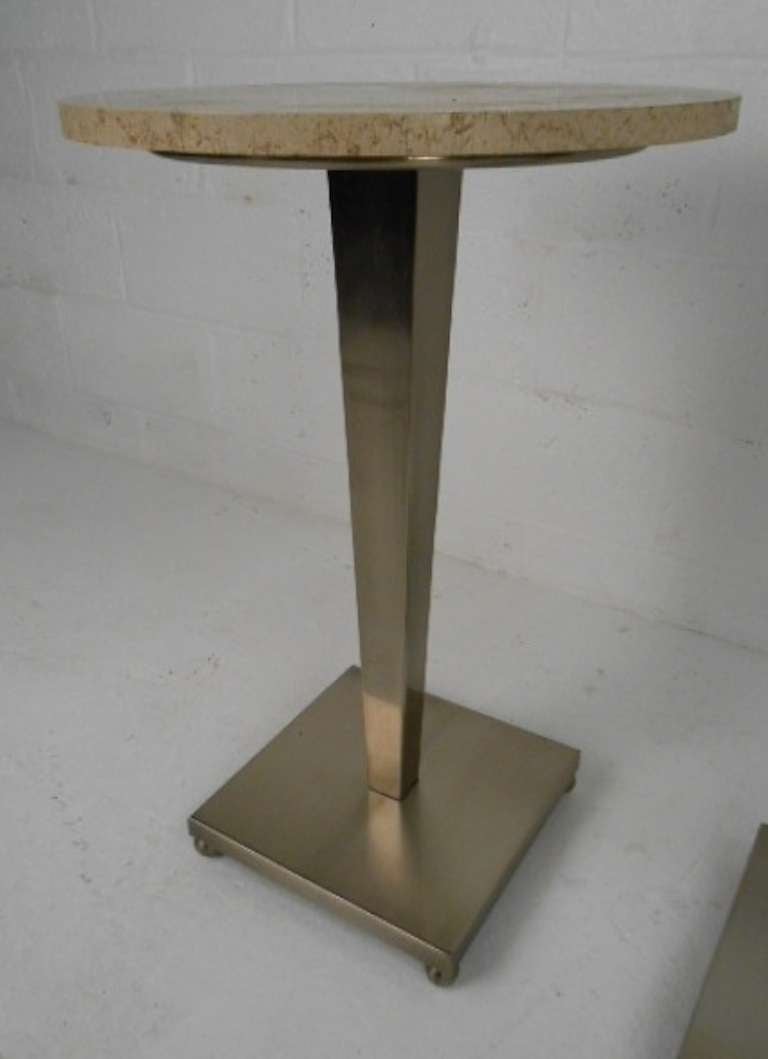 Stainless and Travertine Pedestal Tables In Good Condition In Brooklyn, NY