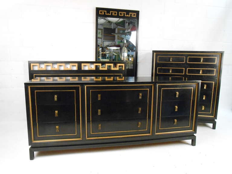 Mid-century bedroom suite in black lacquer finish with gold accents. Please confirm item location (NY or NJ) with dealer.