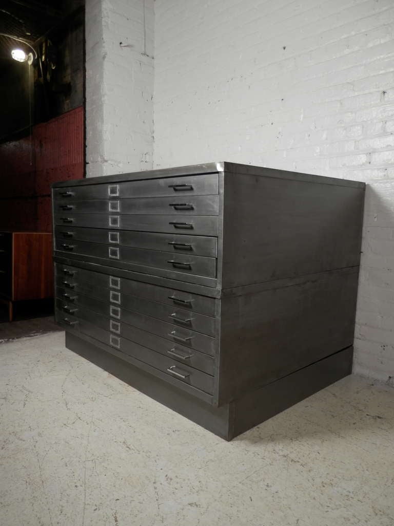 Mid-20th Century Industrial Metal Double Stack Flat File Cabinet