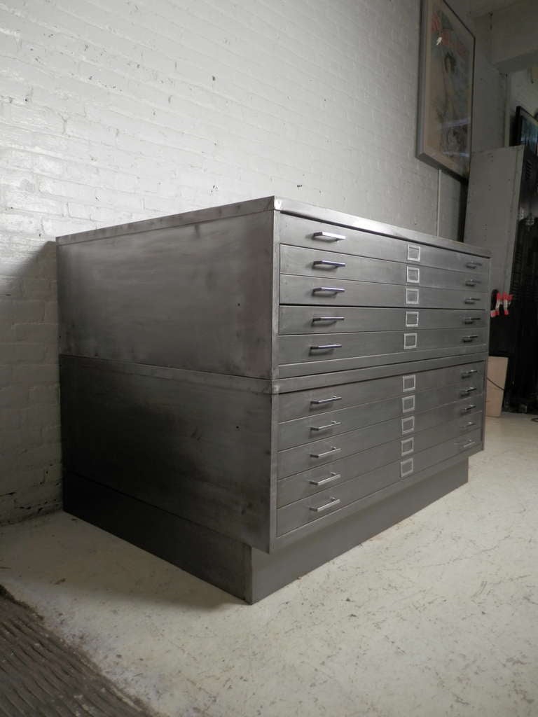 Large metal flat file cabinet with double handles and card holders. This is two five file units stacked on a metal base.

(Please confirm item location - NY or NJ - with dealer)