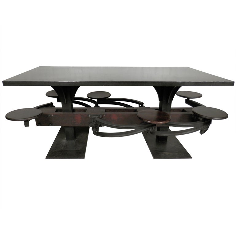 Impressive Industrial Metal Iron Table w/ Six Swing-Out Stools
