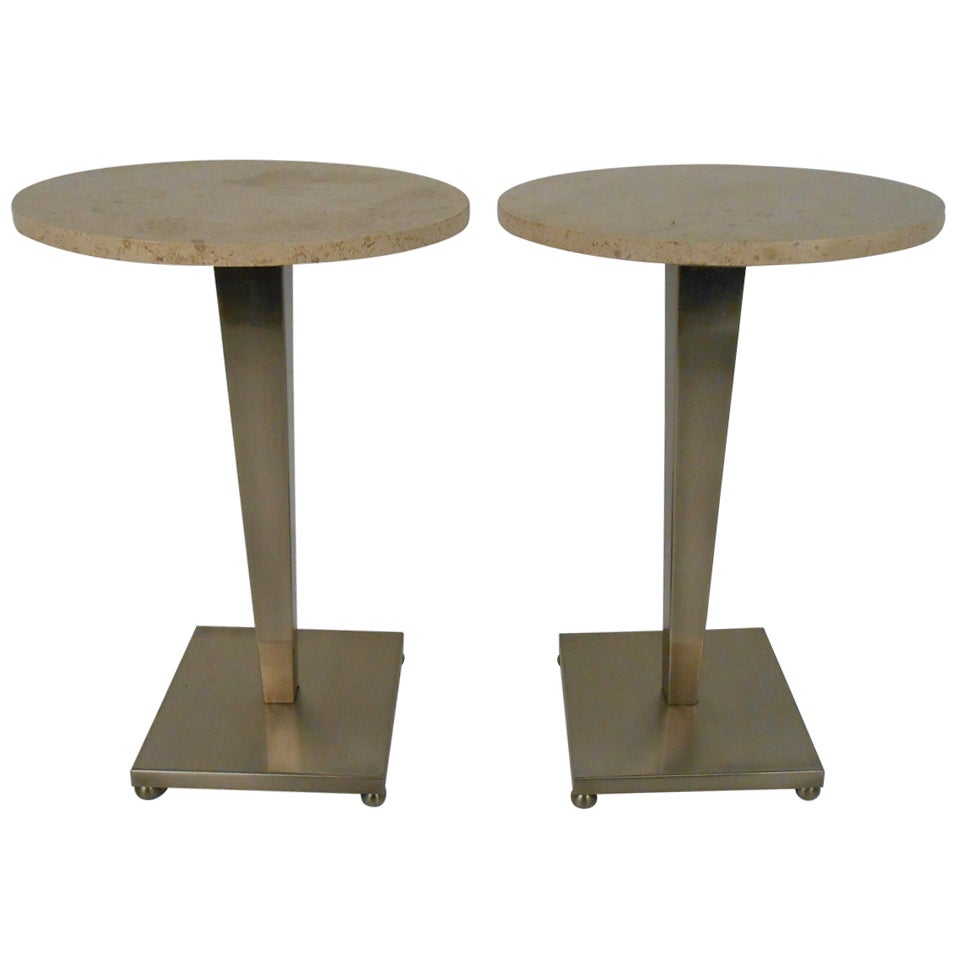 Stainless and Travertine Pedestal Tables