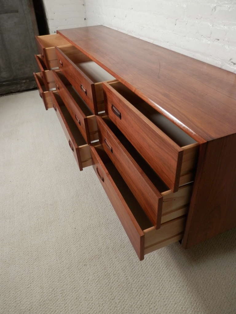 Danish Long Vintage Modern Dresser w/ Offset Drawer Pulls