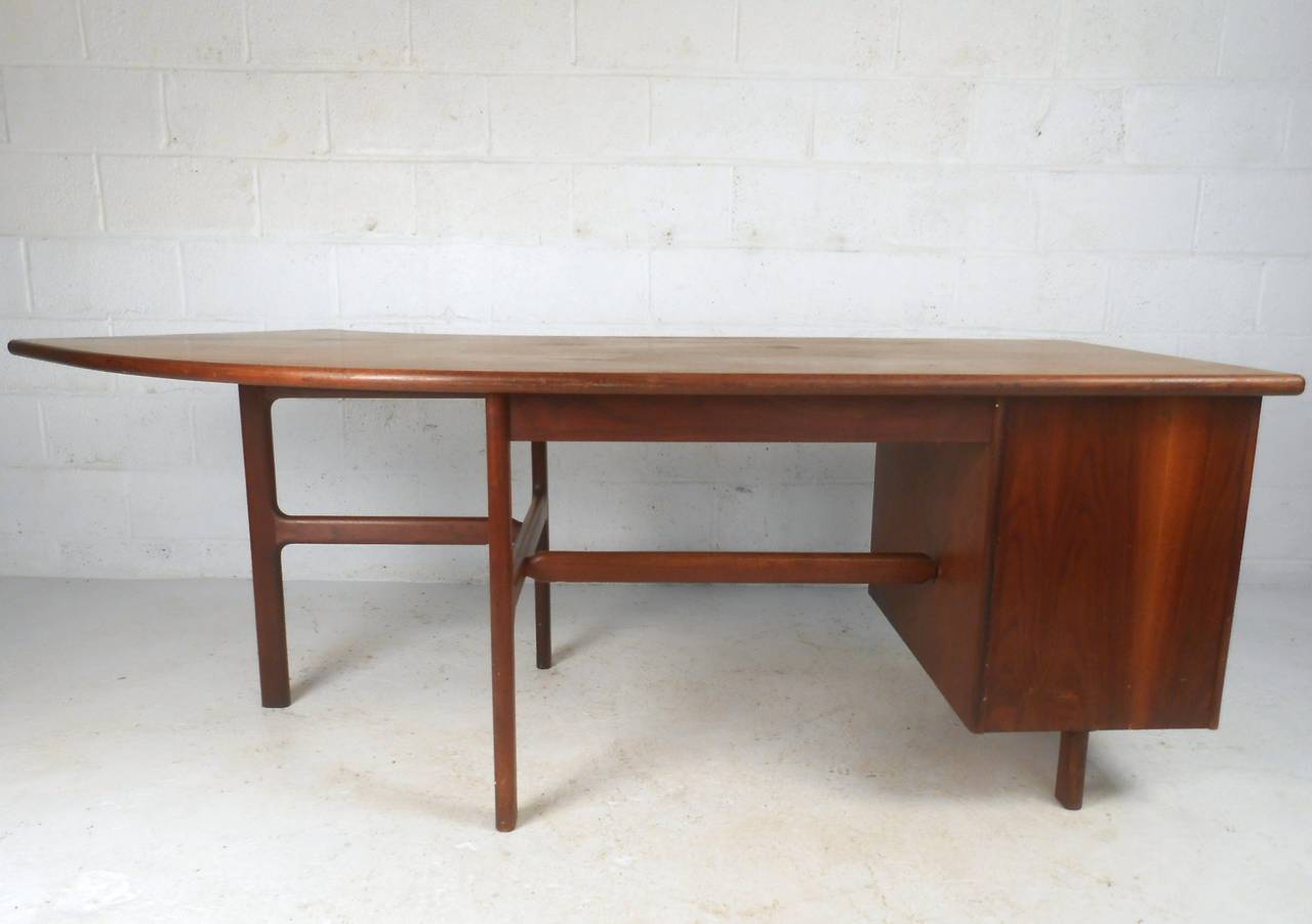 American Unique Mid-Century Walnut Curved Executive Desk