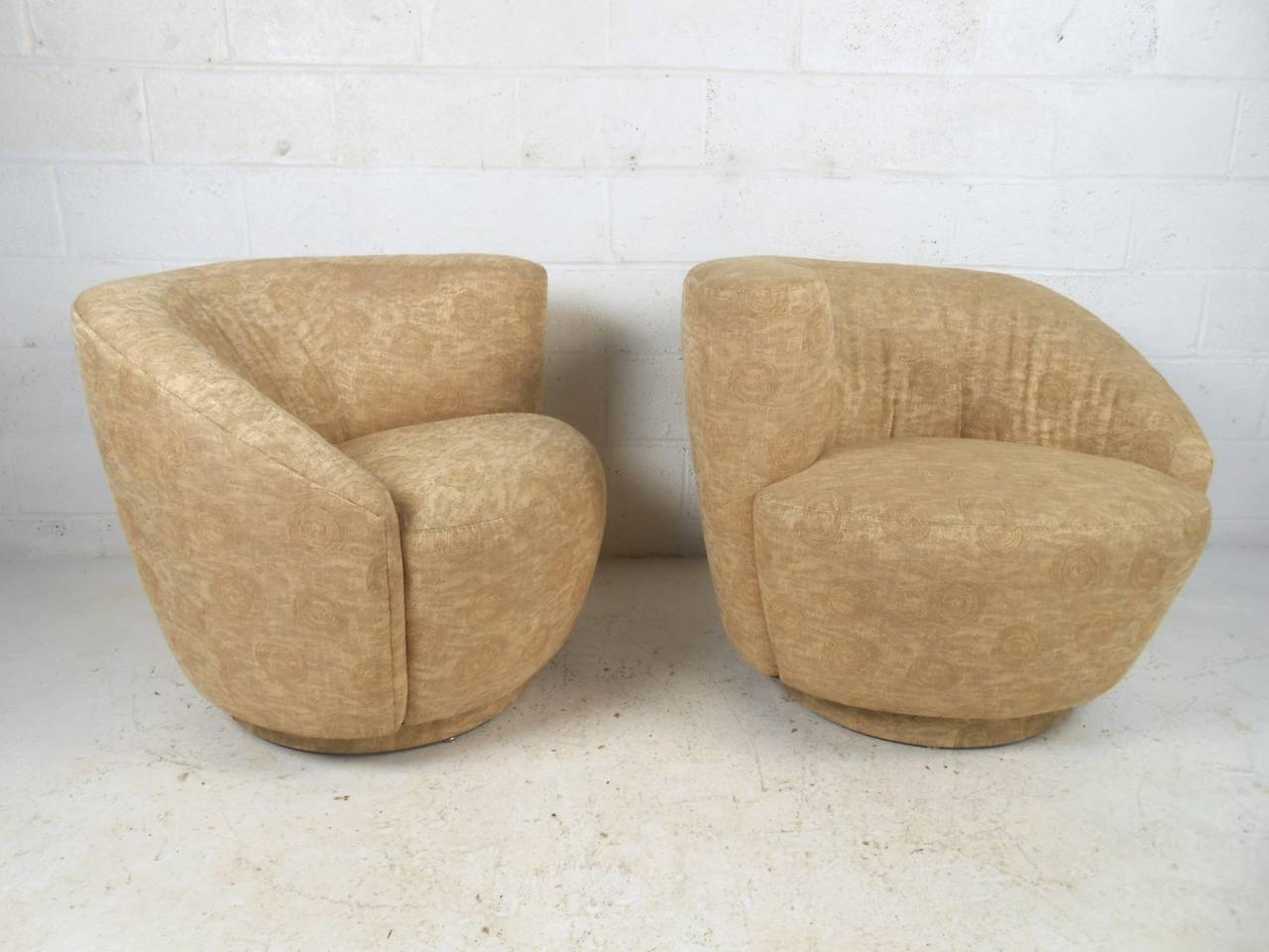 This beautiful and uniquely shaped pair of corkscrew chairs features a comfortable sculpted barrel back design. Newer fabric and upholstery adds to the style and comfort of the set, please confirm item location (NY or NJ).