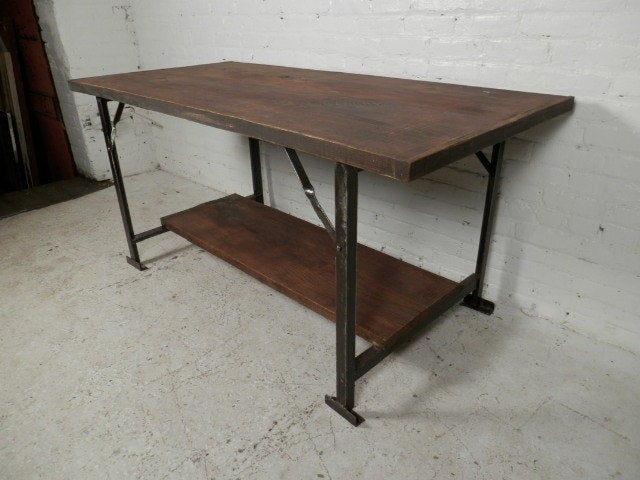 20th Century Cast Iron Industrial Wood Top Table