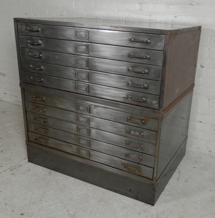 Double stacked ten drawer flat file, stripped to bare metal finish.